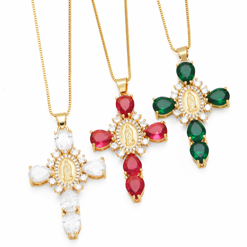 Micro Set Zircon Pendant Creative Personalized Virgin Cross Necklace Female Collar Chain nks01_voghion.com