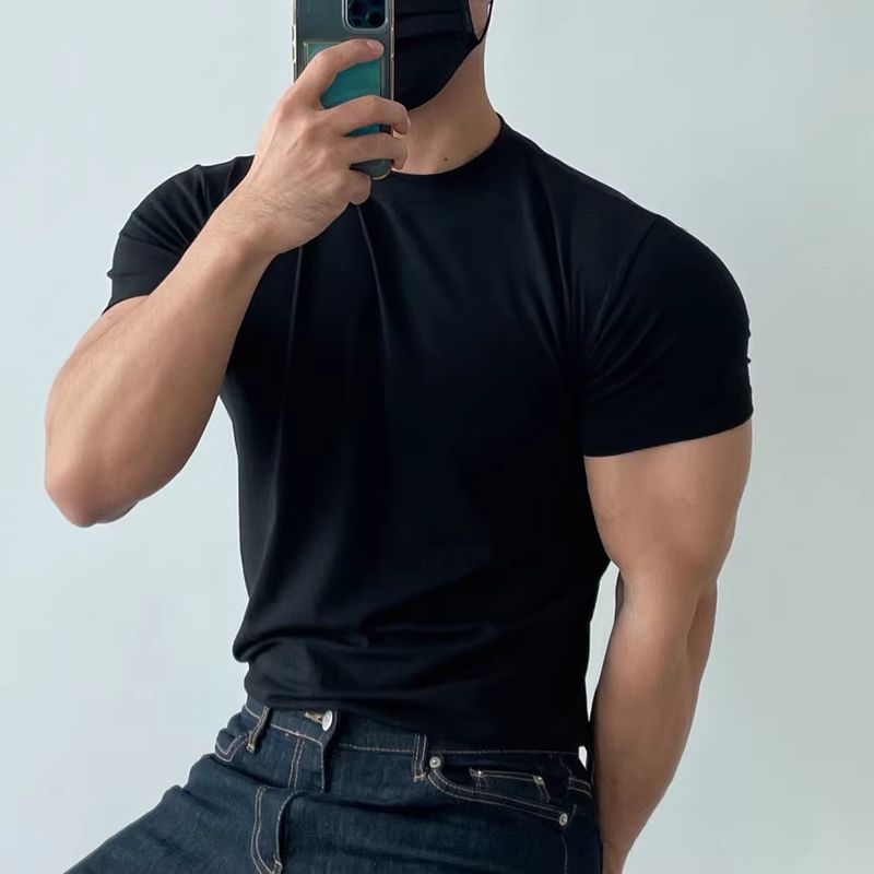 Herrenbekleidung Sommer-T-Shirt mit kleinem Ausschnitt Slim Fit Kurzarm Muskelanzug_voghion.com