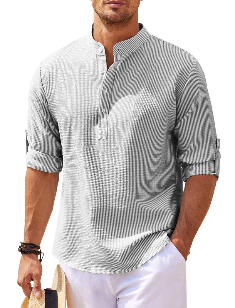 Camicia a maniche lunghe da uomo, colletto alto, mezza camicia con bottoni, camicia a quadri con ananas_voghion.com