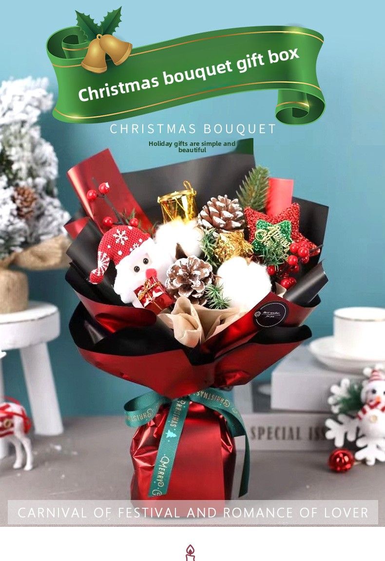 Bouquet di fiori conservati a forma di pigna natalizia - Fiori veri e secchi misti | Scatola regalo creativa legata a mano | Decorazione per la casa con regalo natalizio_voghion.com