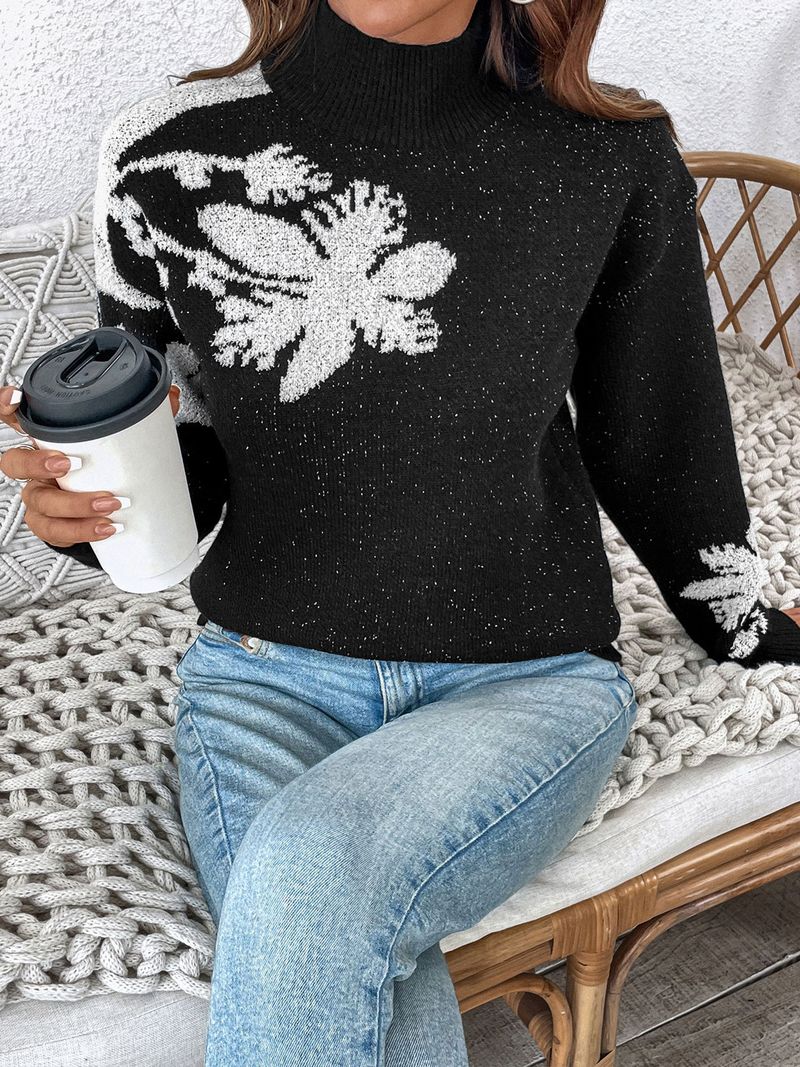 Damen-Halbrollkragenpullover aus Jacquard mit Blumenmuster – Schwarz-Weiß-Kontrastdesign, lockere Passform, bequeme Acrylmischung, langärmlige Freizeitstrickware_voghion.com