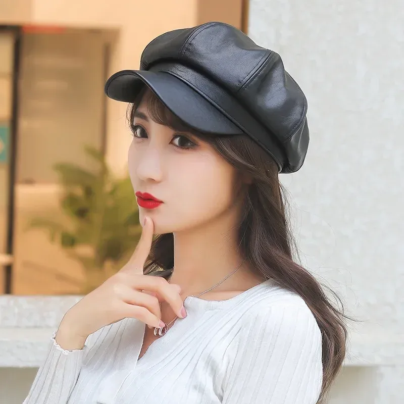 Hot Sale New PU Leather Berets Black Red Outdoor Adjustable Boina Female Autumn Winter Casual Lady Cap Hat for Women Берет_voghion.com