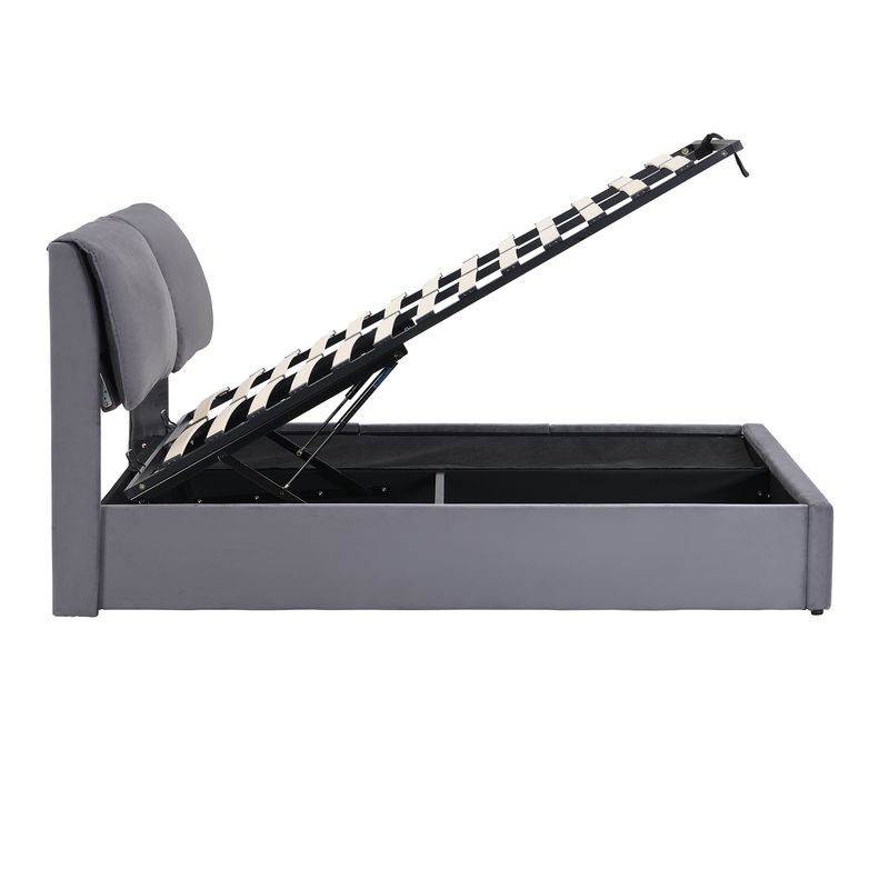 Cadre de lit coffre hydraulique rembourré en velours avec 3 tiroirs, sommier à lattes, tête de lit, 140 x 200 cm, gris, matelas non inclus_voghion.com