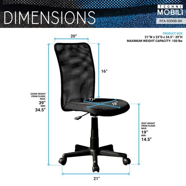 Techni Mobili Mesh Task Office Chair, Black_voghion.com