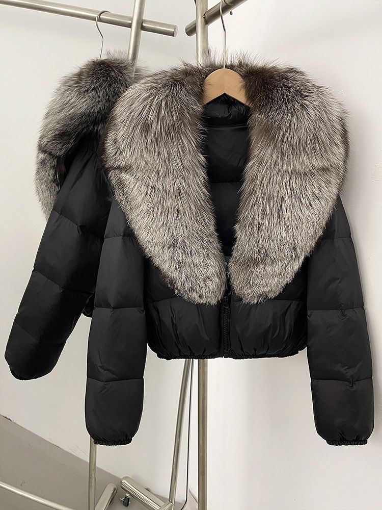 Women's Winter Down Jacket With Detachable Fox Fur Collar, Short Puffy Coat, 96% White Duck Down, Polyester Shell, Black & Beige, S/M_voghion.com