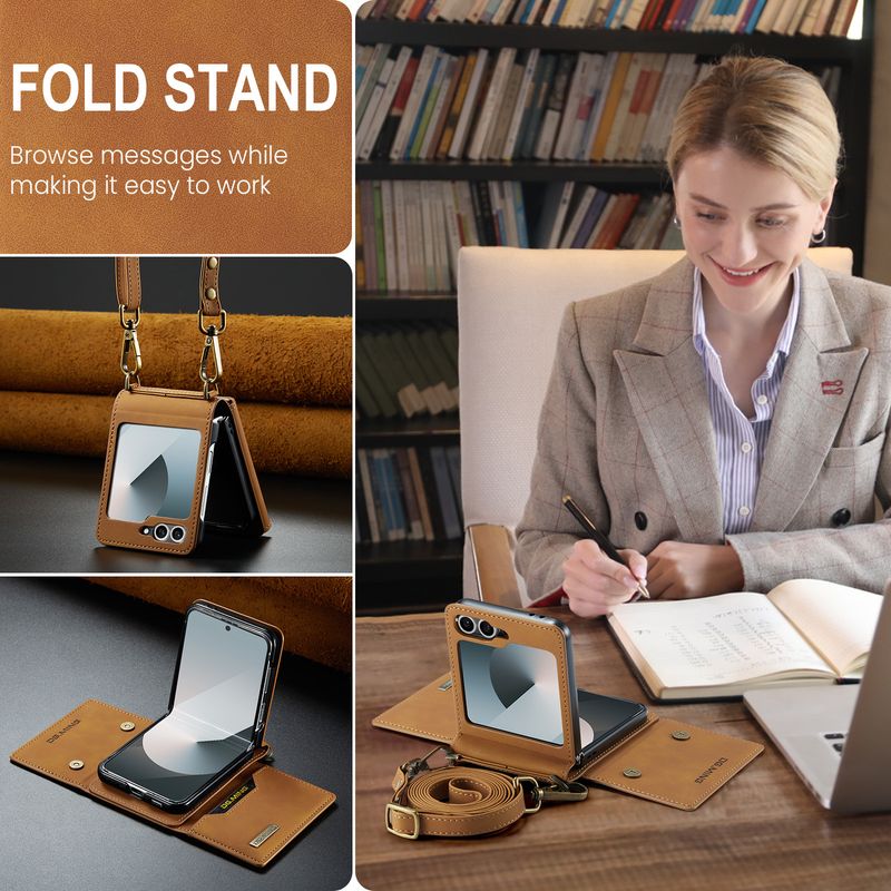Custodia pieghevole M2 per Samsung Z Flip6 Custodia per telefono con portafoglio per carte Custodia protettiva in pelle con tracolla Z Flip6_voghion.com