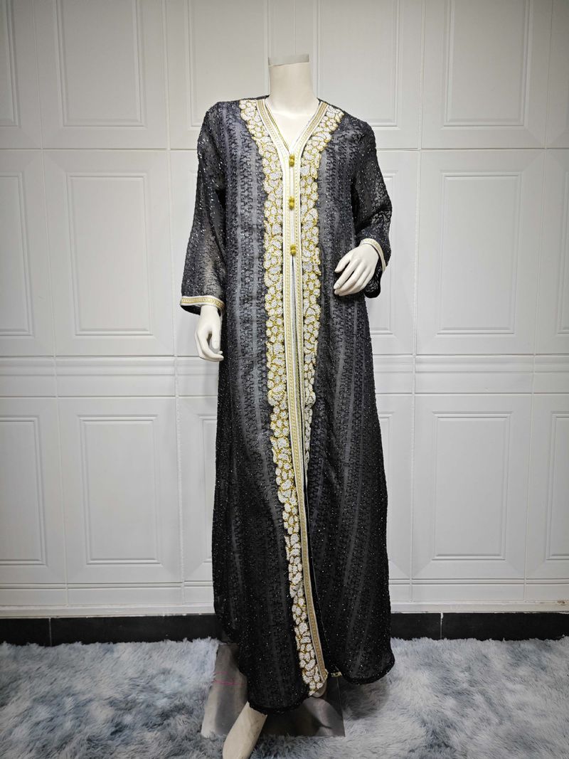Completo da donna in due pezzi con ricamo a rombi caldi, alla moda, jalabiya saudita con cordino in vita_voghion.com