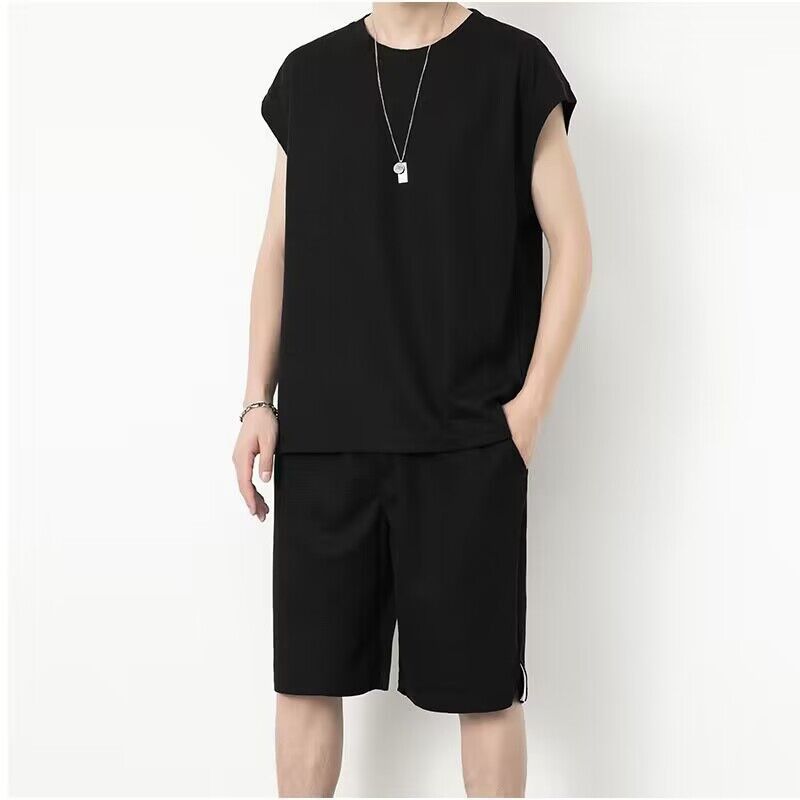 Completo sportivo da uomo in due pezzi, con maglietta senza maniche estiva, canotta casual, pantaloncini e sottile tessuto in seta ghiacciata_voghion.com