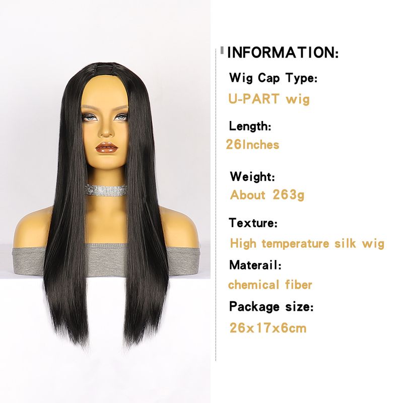 Peluca sintética con clip en forma de U, negra, larga y lisa, peluca de moda con parte en U_voghion.com