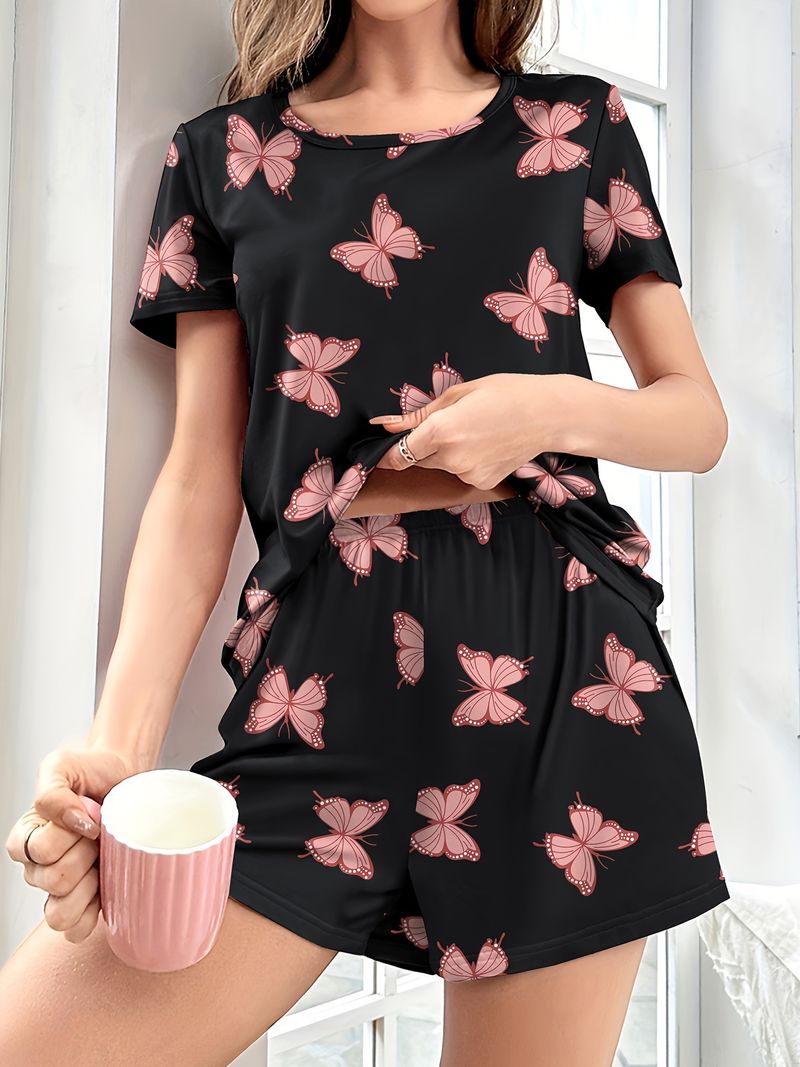 Piżama damska Homewear z nadrukiem motyli, krótki rękaw, szorty, wygodny, swobodny, wygodny, dwuczęściowy komplet_voghion.com