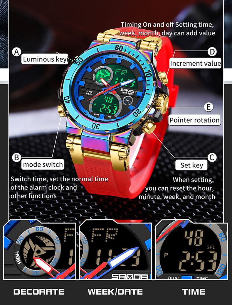 Stijlvolle multifunctionele digitale analoge herenhorloge met dubbel display, alarm, stopwatch, waterbestendig, lichtgewicht luxe design waterdichte horloges_voghion.com