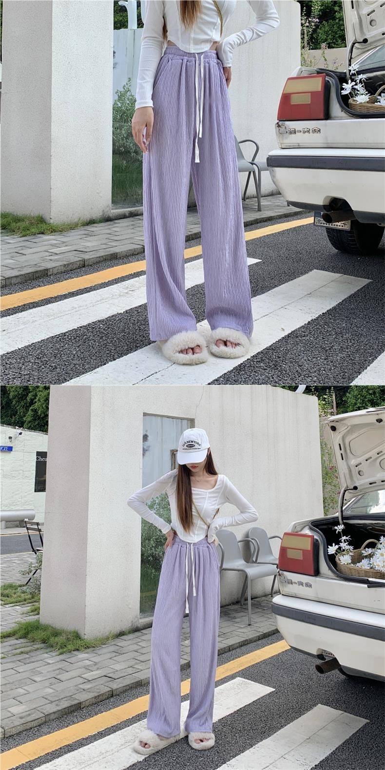 6012 # Pantalon de sol décontracté à taille haute pour femme, texture froissée, jambes larges, automne été_voghion.com