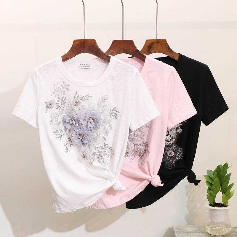 Women's Clothing Beaded Embroidery Three-dimensional Flower Short Sleeve T-shirt Ripped Denim Jeans_voghion.com