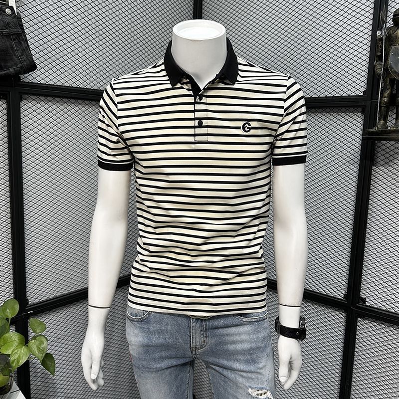2025d Striped Polo Men Short Sleeve T-Shirt Summer Solid Color New Casual Round Neck Trendy Brand Versatile Slim Fit Shirt_voghion.com