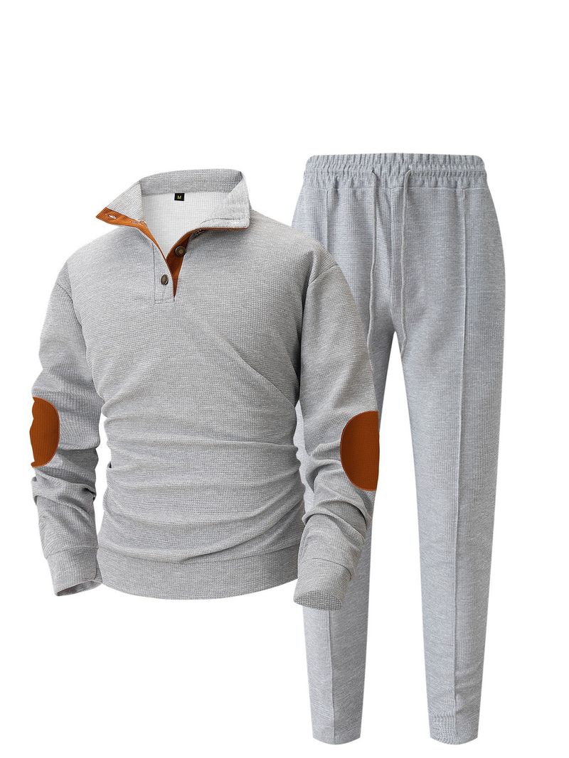 Traje de sudadera de manga larga con cuello alto y botones, coderas y pantalones de estilo americano para hombre, otoño_voghion.com