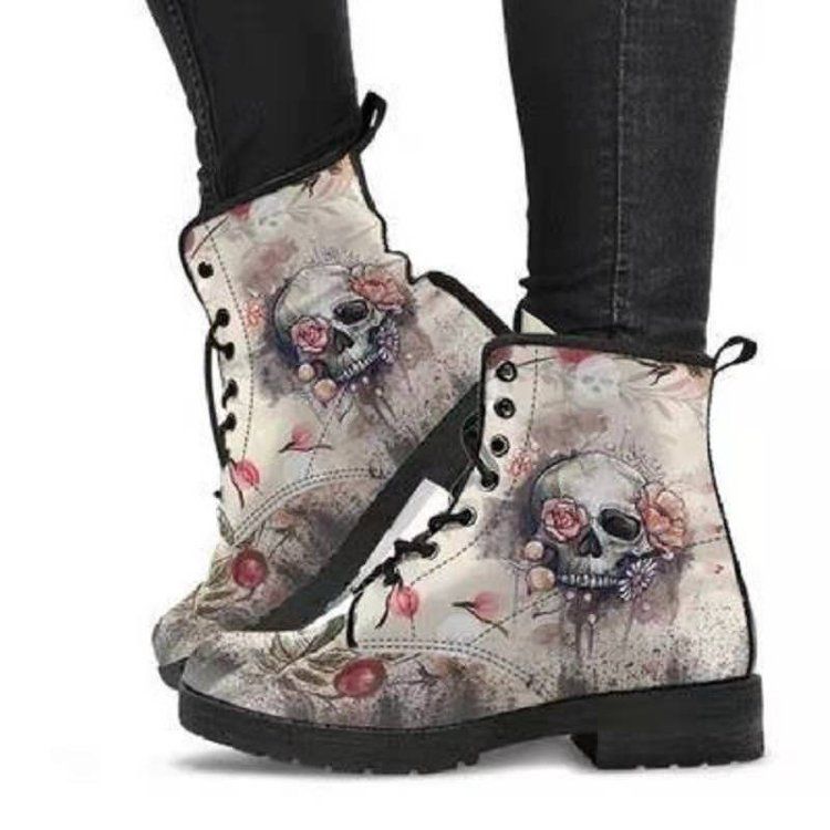 CMY-Women's Boots PU Women's Shoes Fashion Tooling Boots Large Size Printed Autumn Women's High Top Skull Pattern Martin Boots Women's_voghion.com