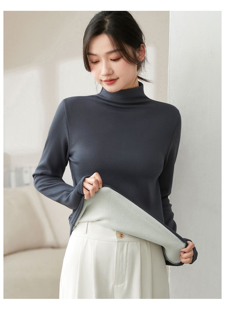 Camisa básica modal com gola alta e forro de lã H512 para mulheres, outono e inverno, camada interna preta de alta qualidade_voghion.com