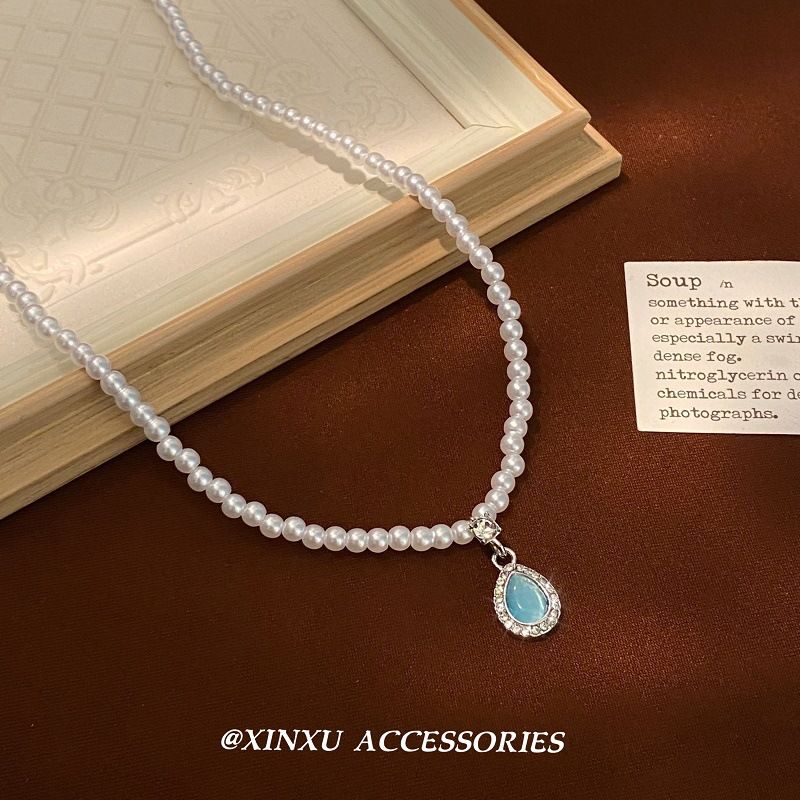 Französische blaue Tropfenperle 2024 Neues Stiltemperament, Persönlichkeit, Einfachheit, Nische, vielseitige High-End-Halskette_voghion.com