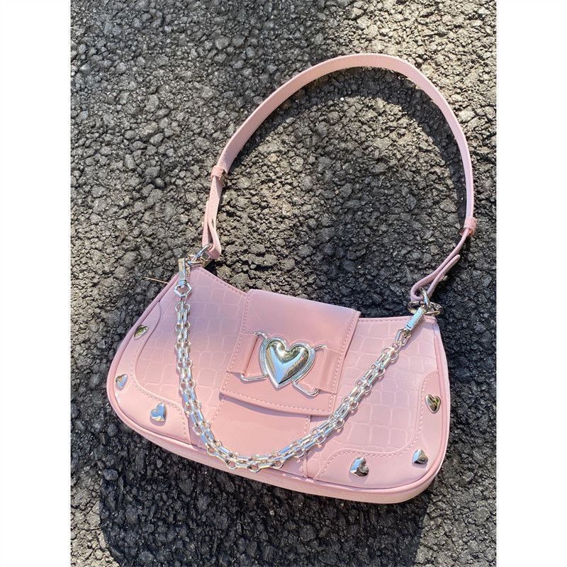 Borsa a tracolla singola con catena a forma di cuore, rosa, fresca e dolce, per ascella, da donna, con motivo a ragazza cool._voghion.com