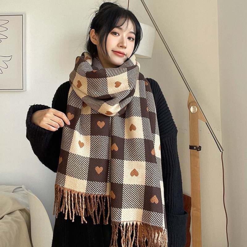Nuova sciarpa a quadri bifacciale in cashmere da donna autunno e inverno con nappe, grande scialle per_voghion.com