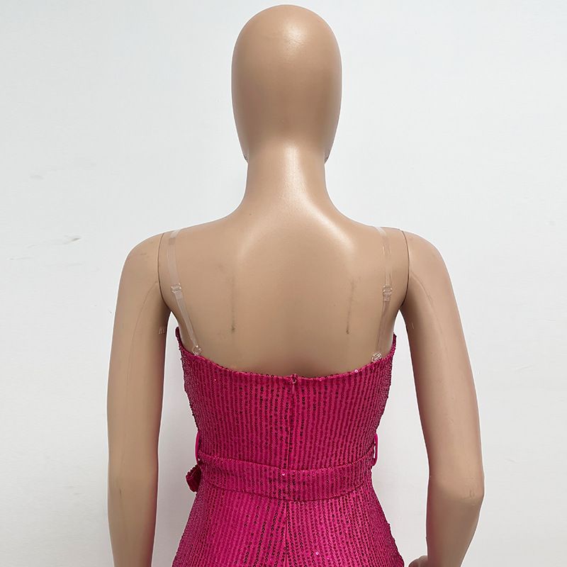 Dametøj Ærmeløs pailletterbæltejumpsuit ensfarvet tubetop rygløs jumpsuit_voghion.com