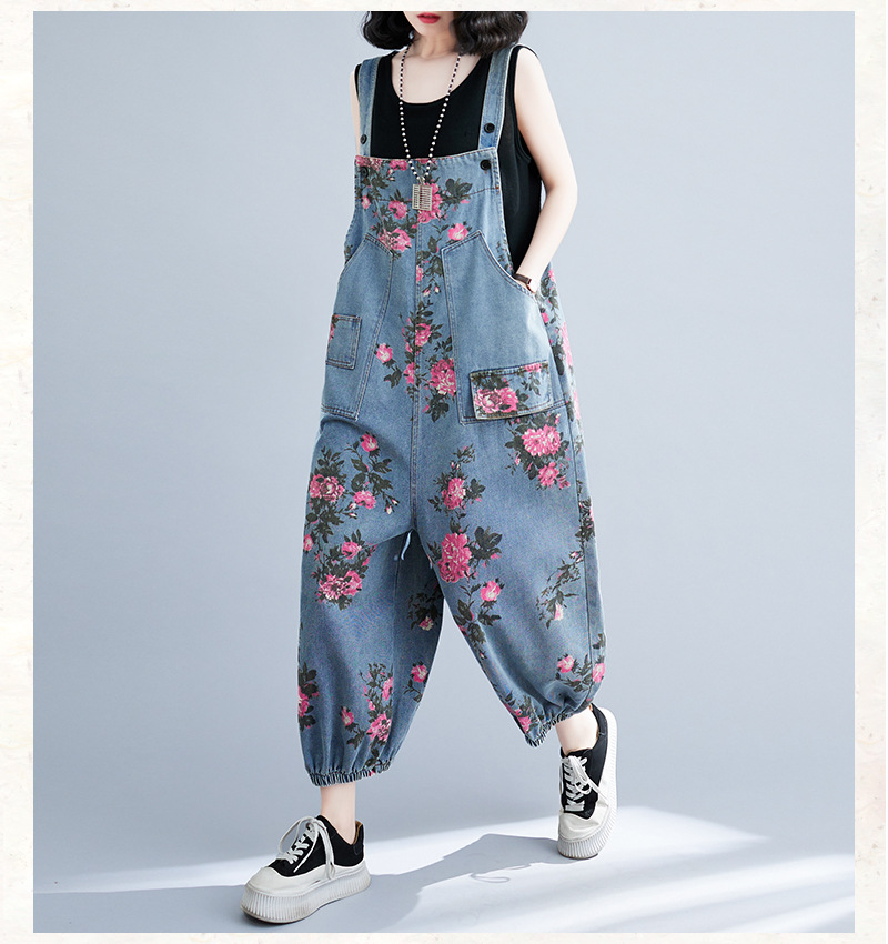 Women's printed denim overalls large size fat mm stylish suspenders leggings jumpsuit_voghion.com