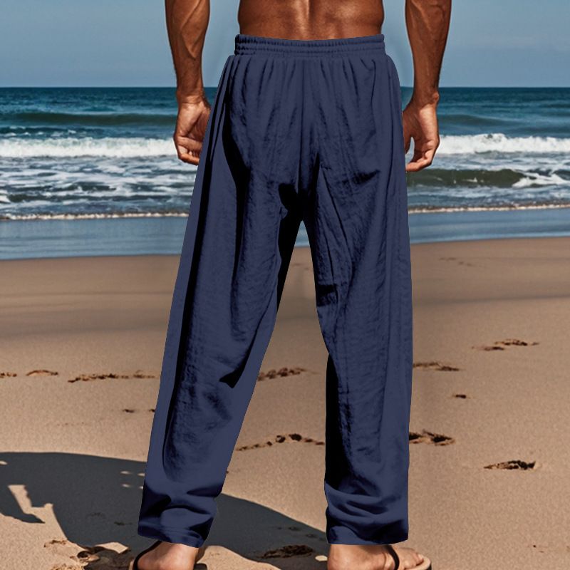 Spring And Autumn American Beach Solid Color Cotton Linen Loose Drawstring Button Casual Pants For Men_voghion.com