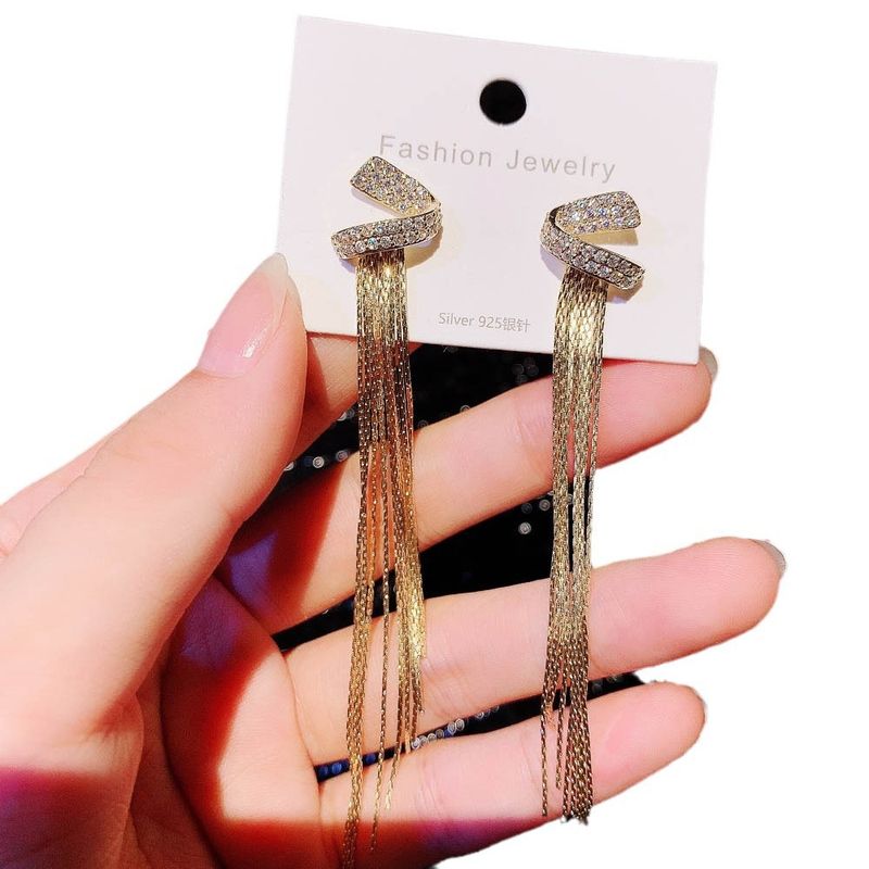 Orecchini a forma di S in argento di alta qualità, stile Ins, per donna, pendenti con nappe in metallo intarsiato con zirconi chiari_voghion.com