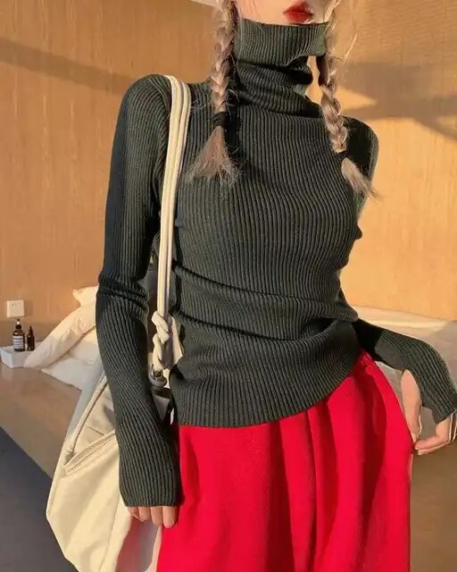 Dame haugevis av krage Turtleneck gensere Høst Vinter Slank Pullover Dame Basic Overdeler Uformell Myk strikket Genser Myk Varm Genser_voghion.com