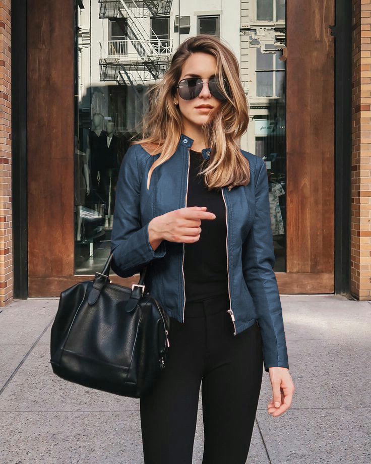 Spring Autumn Oversized Stand Collar Fashion Zipper Jacket Ladies Slim All-match PU Leather Coat Top Women Solid Color_voghion.com