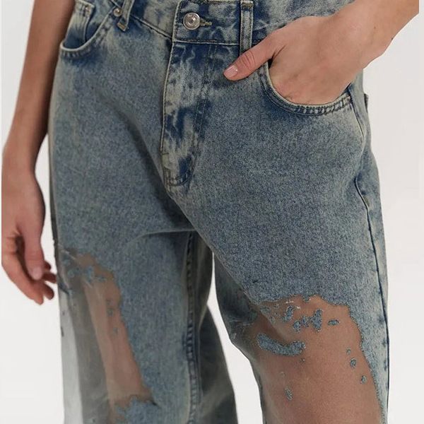 Pantaloni dritti retrò da ragazza hot, pantaloni larghi a gamba larga con design a nicchia e trama cava da donna_voghion.com