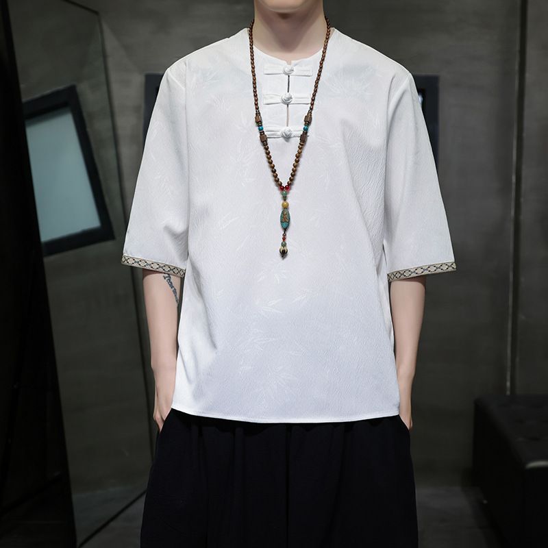 Sommermode im chinesischen Stil, Rundhalsausschnitt, Pan-Knopf, mittellanges T-Shirt, lässig, schmale Passform, großes Hanfu-Tang-Kleid_voghion.com