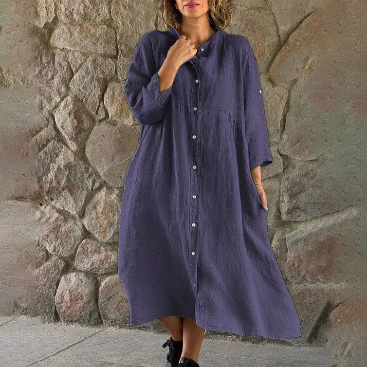 Vestito midi da donna in cotone e lino, casual, di grandi dimensioni, con bottoni, tinta unita, commercio estero all'ingrosso_voghion.com