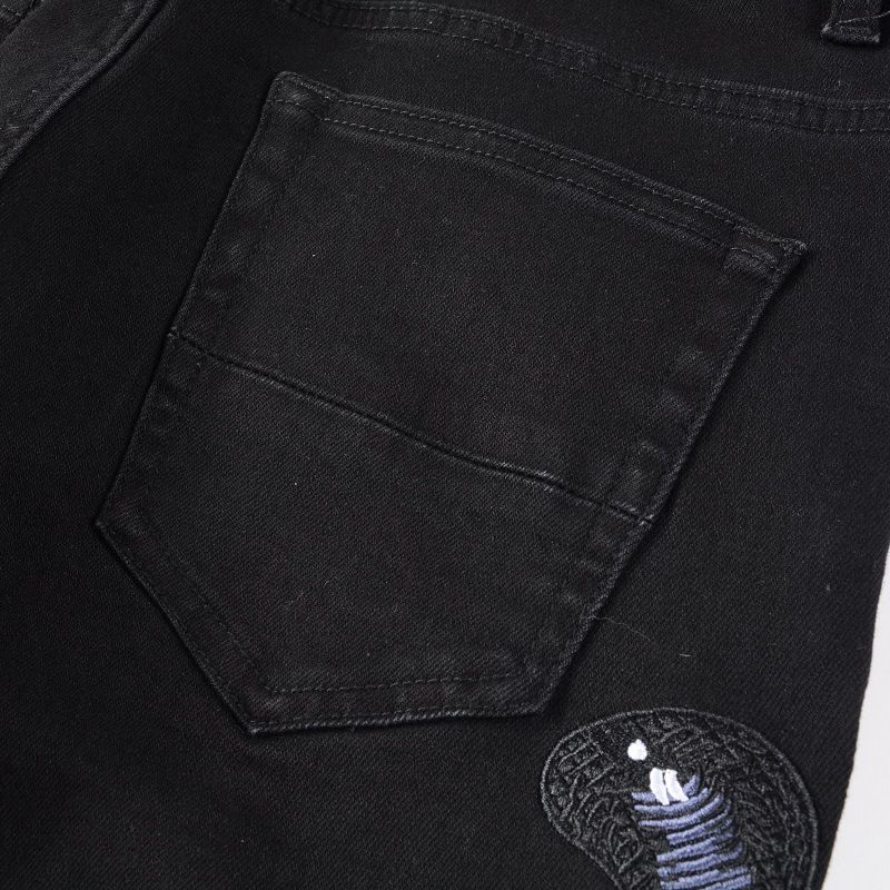 Jeans elasticizzati slim fit strappati con ricamo cobra da uomo, con dettagli strappati e effetto consumato - Moda di strada per uno stile urbano_voghion.com