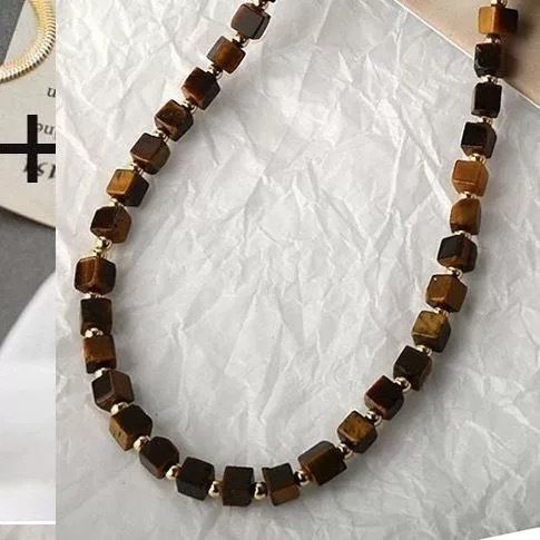 Collier en pierre d'oeil de tigre en forme de cube de sucre Pierre naturelle Acier au titane Personnalité Design polyvalent Sens Simple Nouvelle chaîne de clavicule chinoise_voghion.com