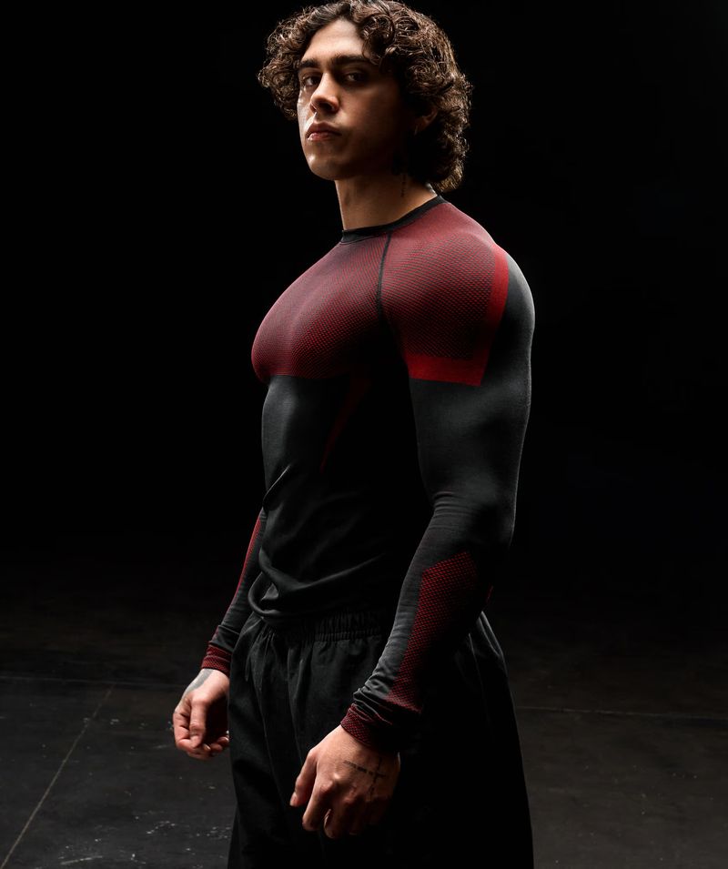 Eng anliegende Herren-Sportbekleidung, Fitness-Laufanzug, elastischer, modischer Rundhalsausschnitt mit Print, lang_voghion.com