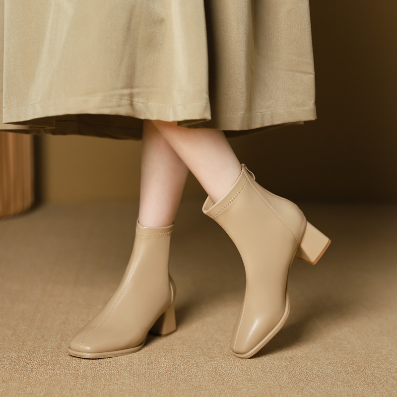 High Heel Square Head Short Boots New Style Square Head Back Zipper Short Boots Thick Heel Boots Spring and Autumn_voghion.com