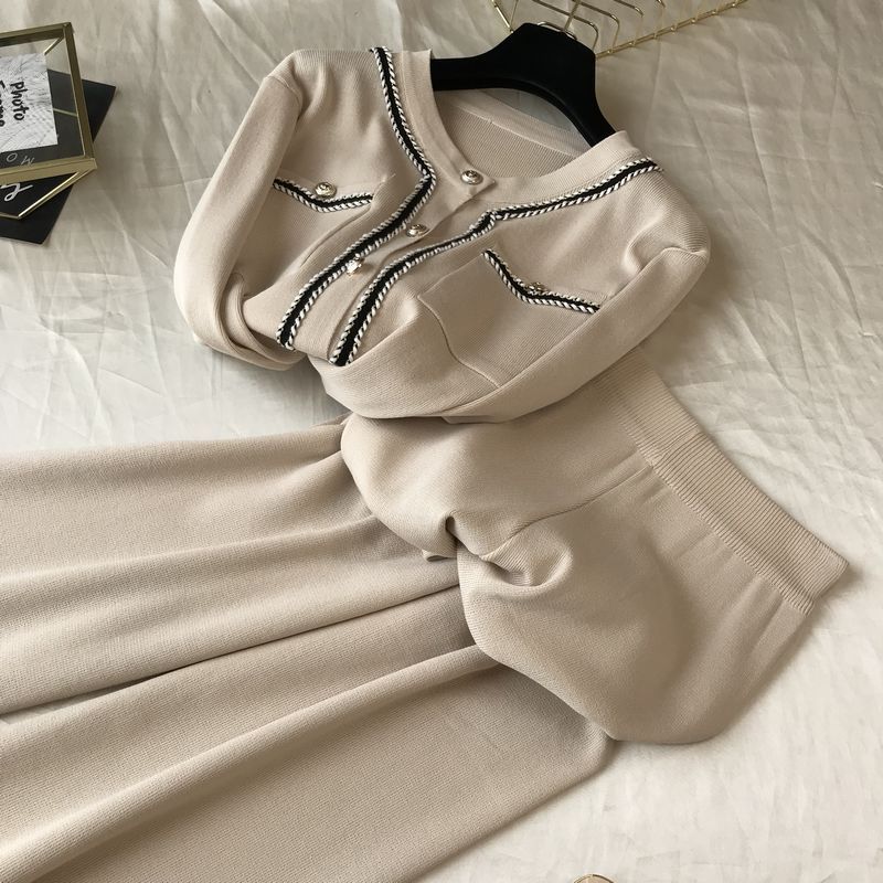 Kadın moda yuvarlak boyun örme hırka üst geniş bacak pantolon iki parçalı set_voghion.com