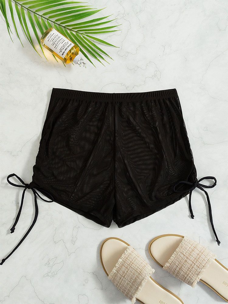 New European And American Sexy Solid Color Swimsuit Women's Four Corner Transparent Mesh Drawstring Beach Swimming Trunks Bikini Shorts_voghion.com