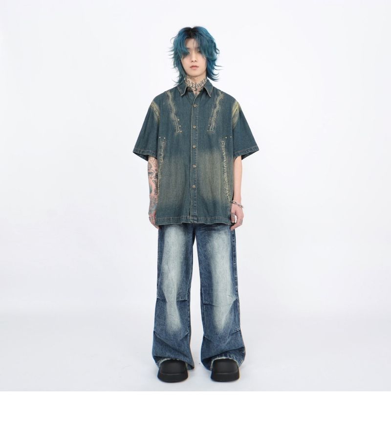 Herrenbekleidung Washed Gradient Deconstructed Kurzarm-Jeanshemd für Herren Neues Design Nischen-Vielseitiges, hübsches Hemd_voghion.com