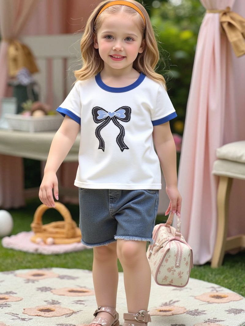Vestiti estivi 2025 per ragazze, nuovi, con scollo rotondo, maniche corte, pantaloncini in denim con colori a contrasto._voghion.com