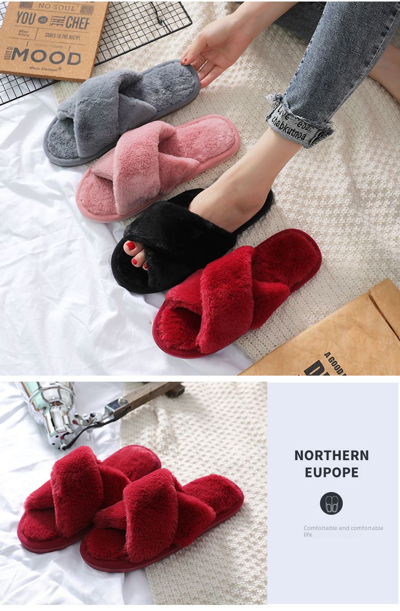 Explosions Cross Plush Slippers Autumn and Winter New Indoor Warm Cotton Slippers Thickened Leaky Toe Mao Mao Slippers_voghion.com