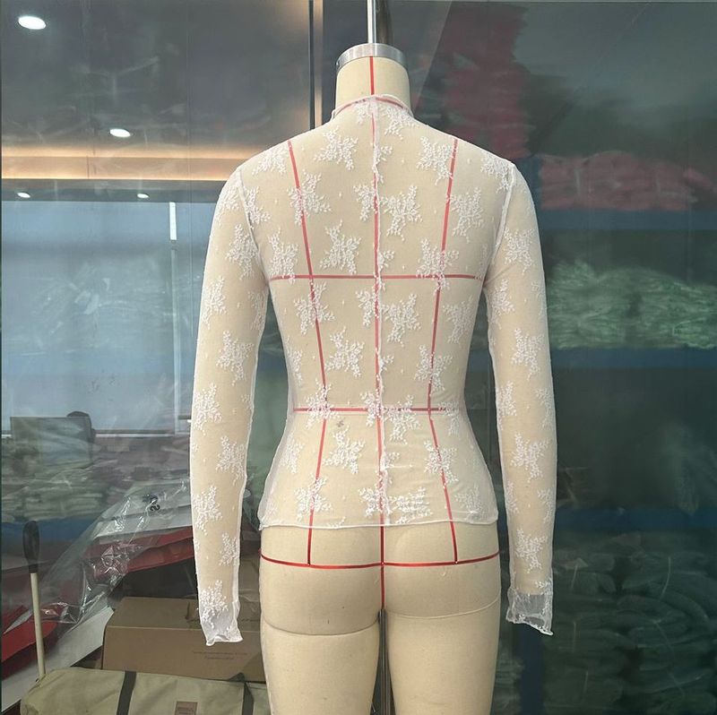 Lace Top With Semi-high Collar And See-through Mesh Base Layer; Sexy_voghion.com
