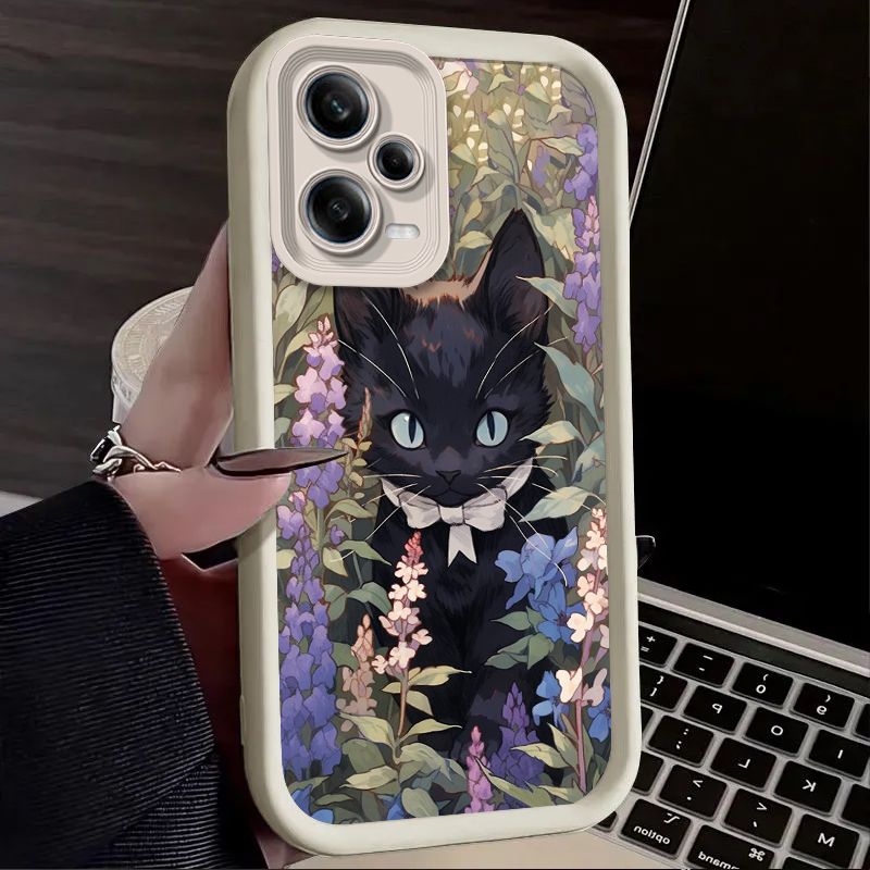 Juodas katės, rožės, gėlės ir jūros dėklas, skirtas „Xiaomi Redmi Note 13 12 11 Pro Plus 4G 5G 12S 11S 10S 10 9 9S Redmi 14C 13C 12C A3 12“ dangteliui_voghion.com