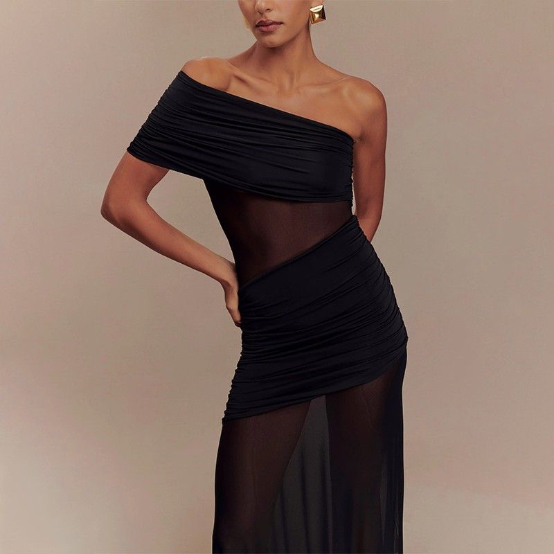 Abito bustier con pannello in rete trasparente e vita arricciata - Gonna midi fluida per donna, abbigliamento casual e per feste estive_voghion.com