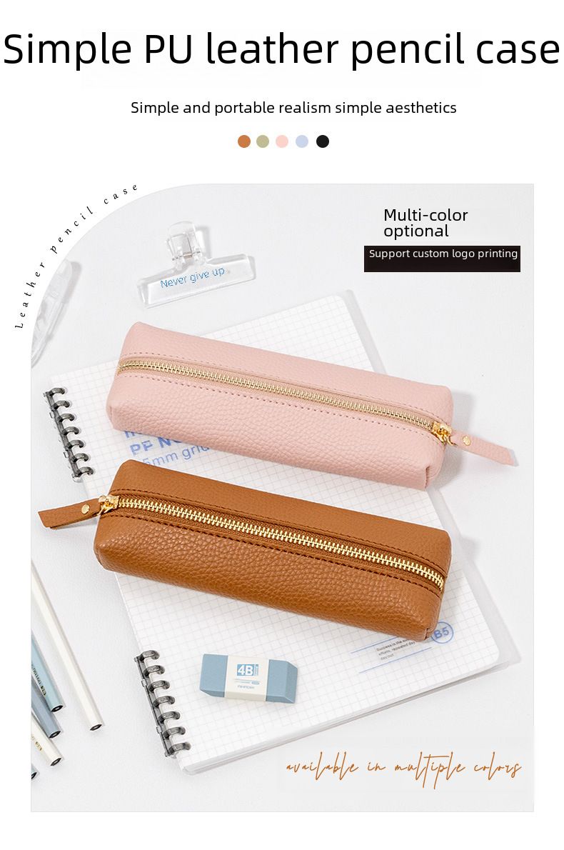 Estojo de couro simples para lápis, bolsa para armazenamento de canetas de escritório, caneta de assinatura, bolsa portátil com zíper à prova de vazamentos para artigos de papelaria_voghion.com