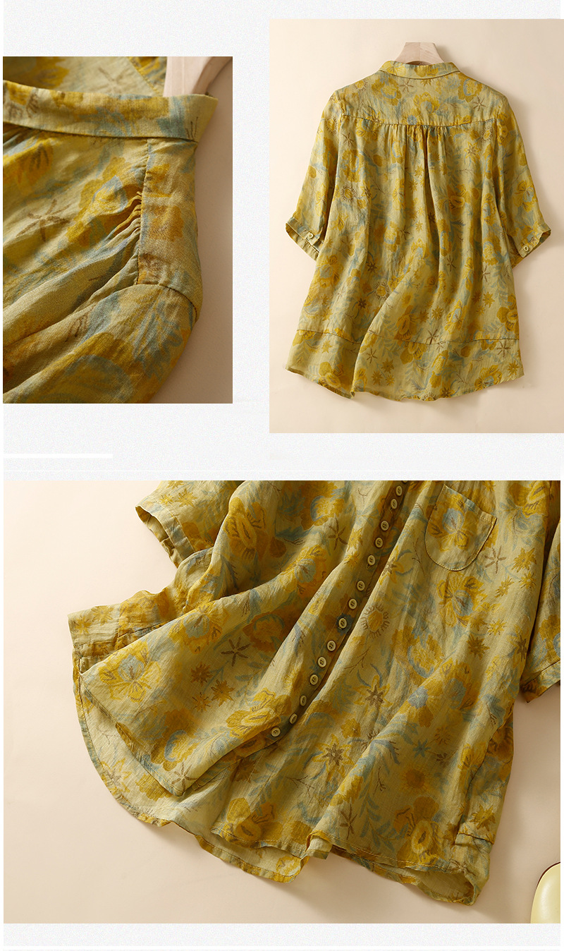 Damen gemustertes Ramie-Shirt Damen lockeres mittellanges Blumen-Dünnhemd Cardigan-Oberteil_voghion.com