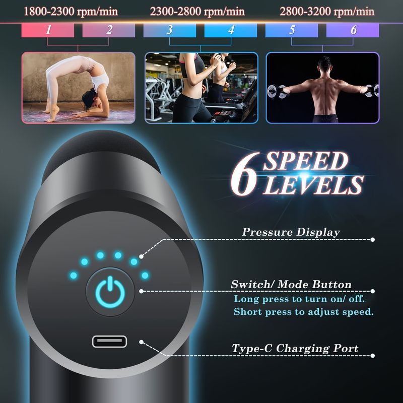 Pistolet de massage à percussion musculaire, masseur de tissus profonds portatif rechargeable de type C pour soulager les douleurs du cou et du dos_voghion.com