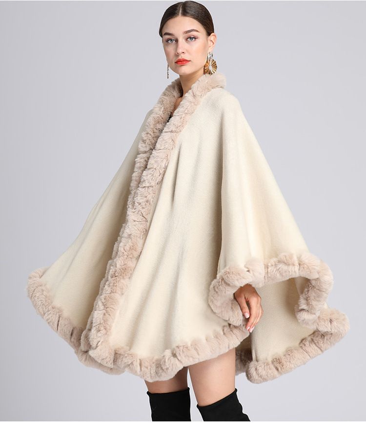 Fur Collar Cape Ladies Large Size Knitted Cardigan Loose Coat Artificial Fur Fashionable And Warm Shawl Cape_voghion.com