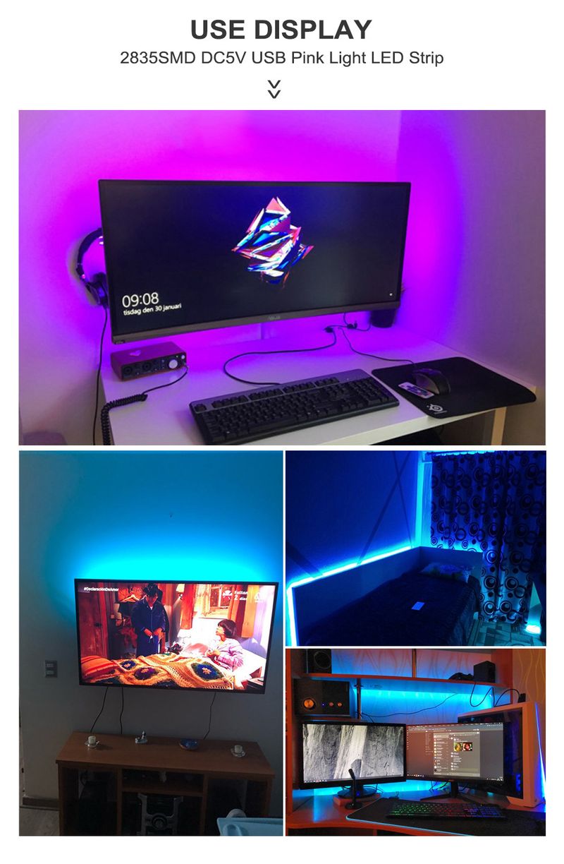 Tira de luces LED USB de 5 V, 60 LED/metro, SMD 2835, para interiores, blanco cálido/blanco frío/azul/verde/rosa/morado (varios colores disponibles)_voghion.com